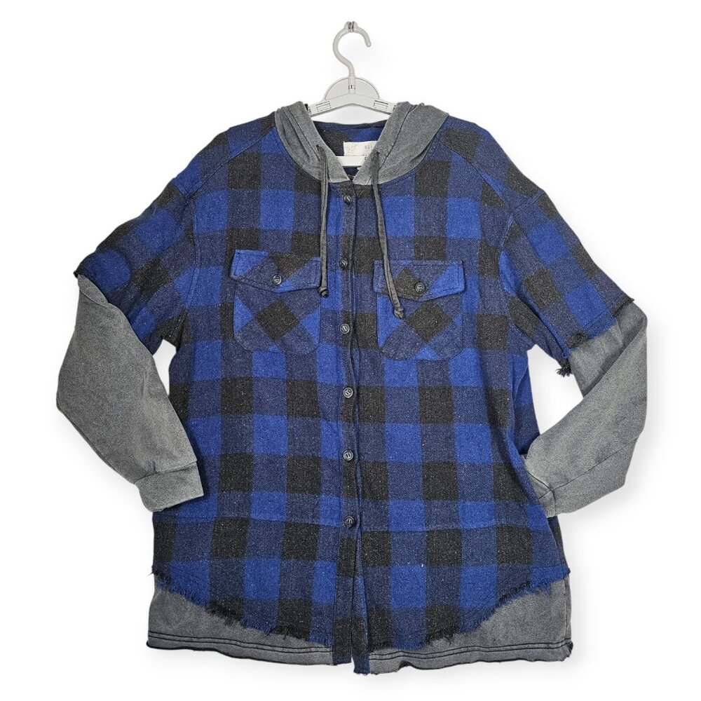 NWT Oli & Hali Oversized Plaid Hooded Button Down Shacket S Blue Gray Shirt Jack